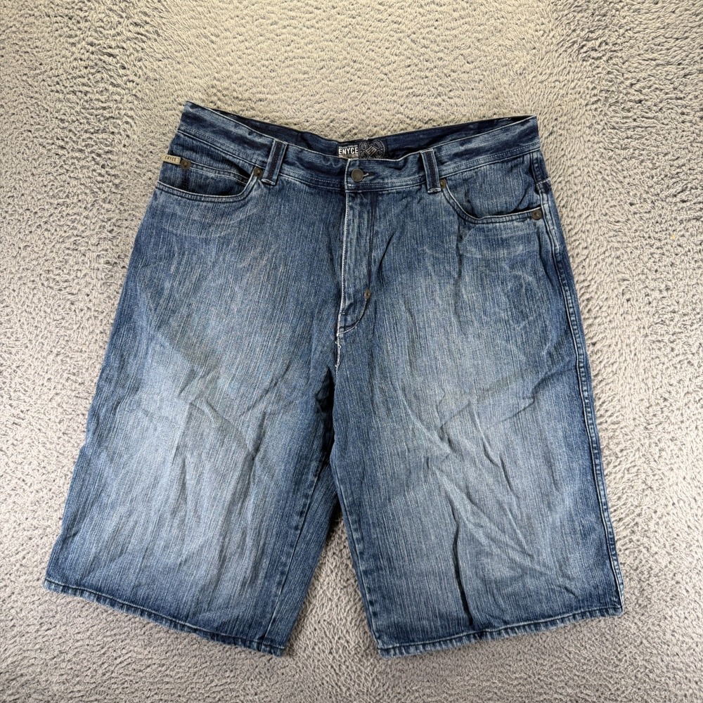 Vintage Enyce Shorts Men's 38 Blue Cotton Denim Bermuda Faded‎ Workwear Baggy